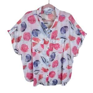 Alex & Parker Colorful Conch Seashell Gold Dolman Sleeve Button Up Blouse Sz 2XL